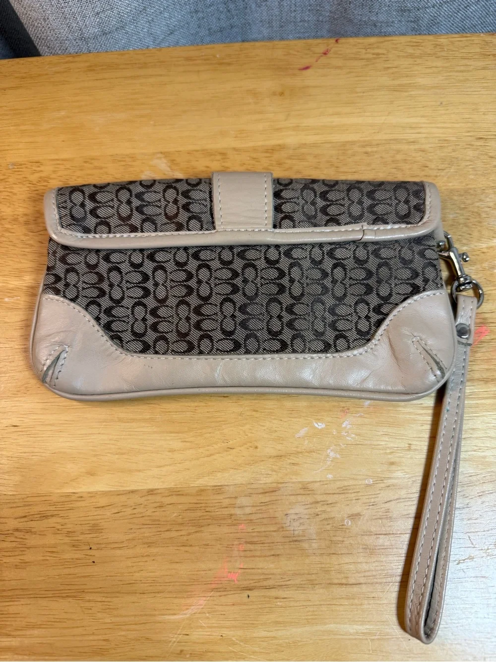 Coach Beige and Brown Signature Logo Wristlet Clutch